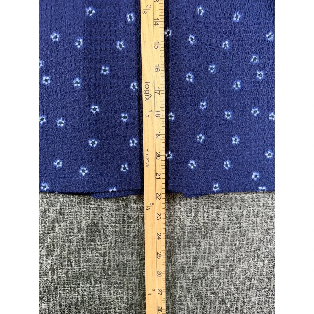 LOFT Navy Blue Floral Seersucker Ruffle Neck Puff Sleeve Blouse Small